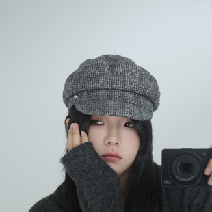 小香风含羊毛粗花呢简约优雅显气质秋冬平顶军官帽 包邮