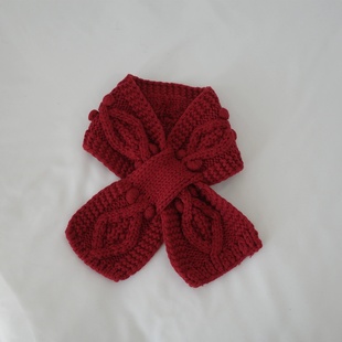 小众vintage古着风毛线钩针菱形纹立体豆豆交叉穿口小围脖巾 包邮