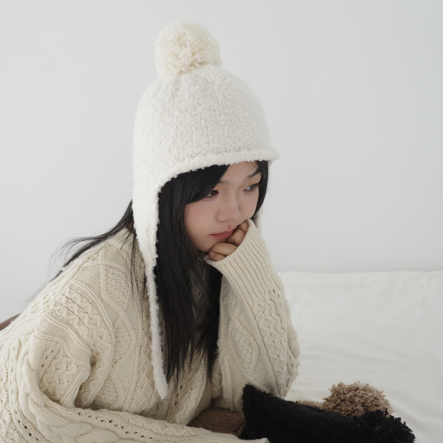 绵绵软软爆米花纱线针织纯色保暖毛球球护耳飞行员雷锋帽 包邮