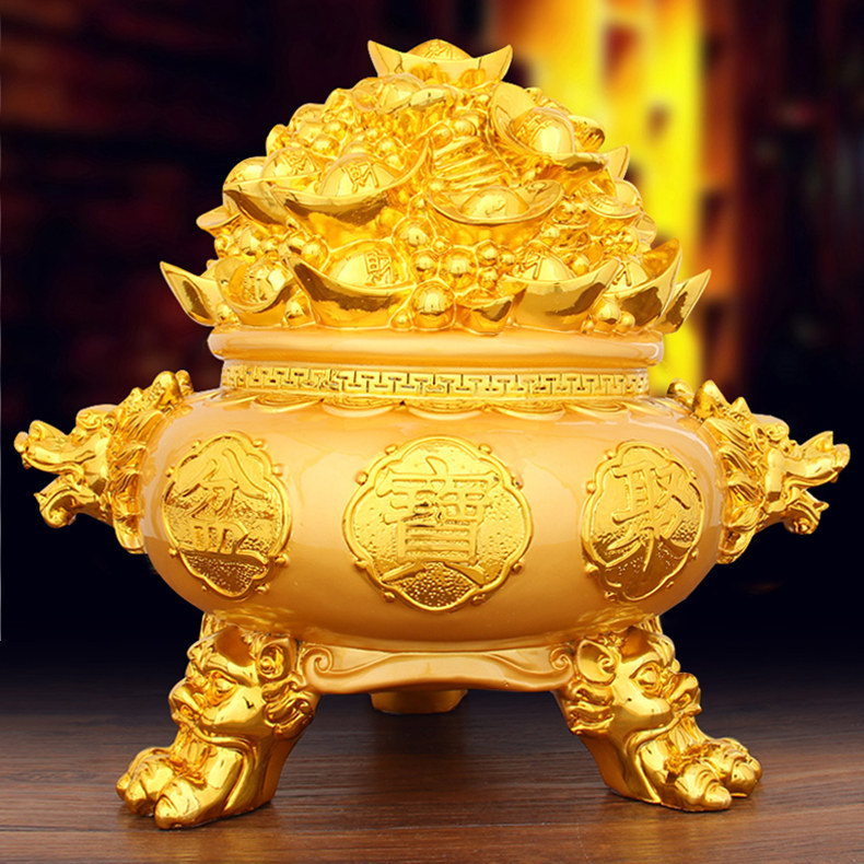 招财聚宝盆摆件存储钱罐大号 金元宝客厅办公室风水工艺礼品摆设