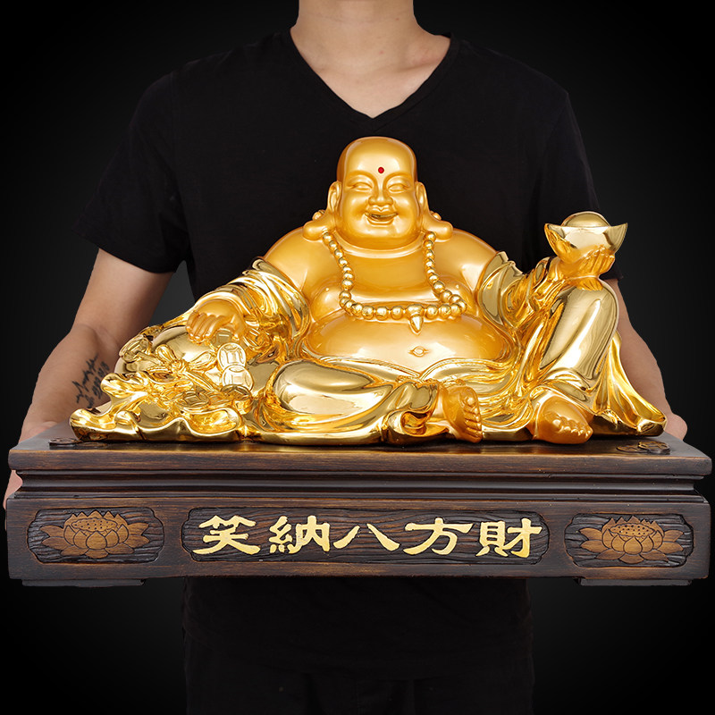 招财弥勒佛摆件招财供奉客厅家居摆设金佛仿木雕布袋大肚笑佛大号