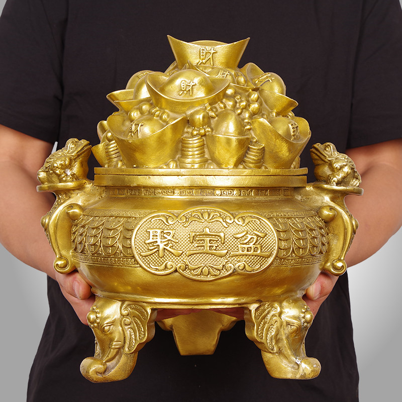 黄铜元宝聚宝盆摆件沈万三招财聚财三足宝盆家居装饰店铺开业礼物