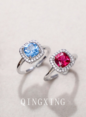方糖时尚高级感合成红宝石海蓝尖晶戒指1.2克拉祖母绿设计开口戒