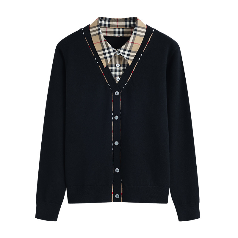 2025年秋冬新款毛呢黑色针织衫女假两件格纹翻领长袖宽松显瘦上衣