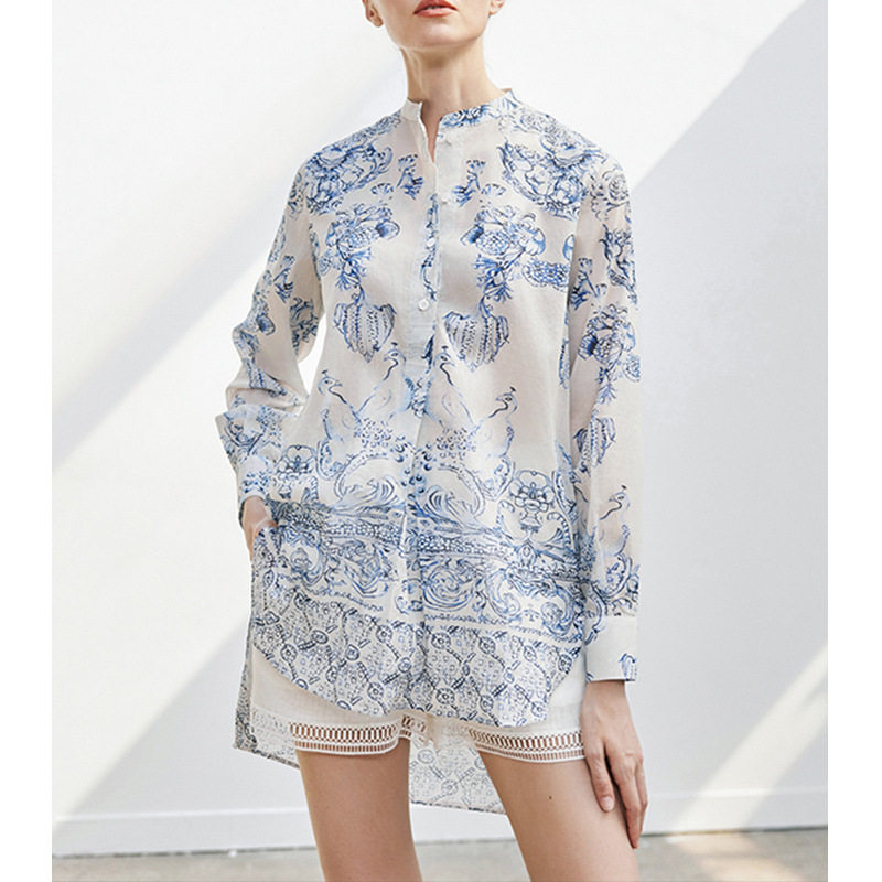 新中式青花瓷立领长袖衬衫夏季新款2025年国风印花上衣轻薄衬衣