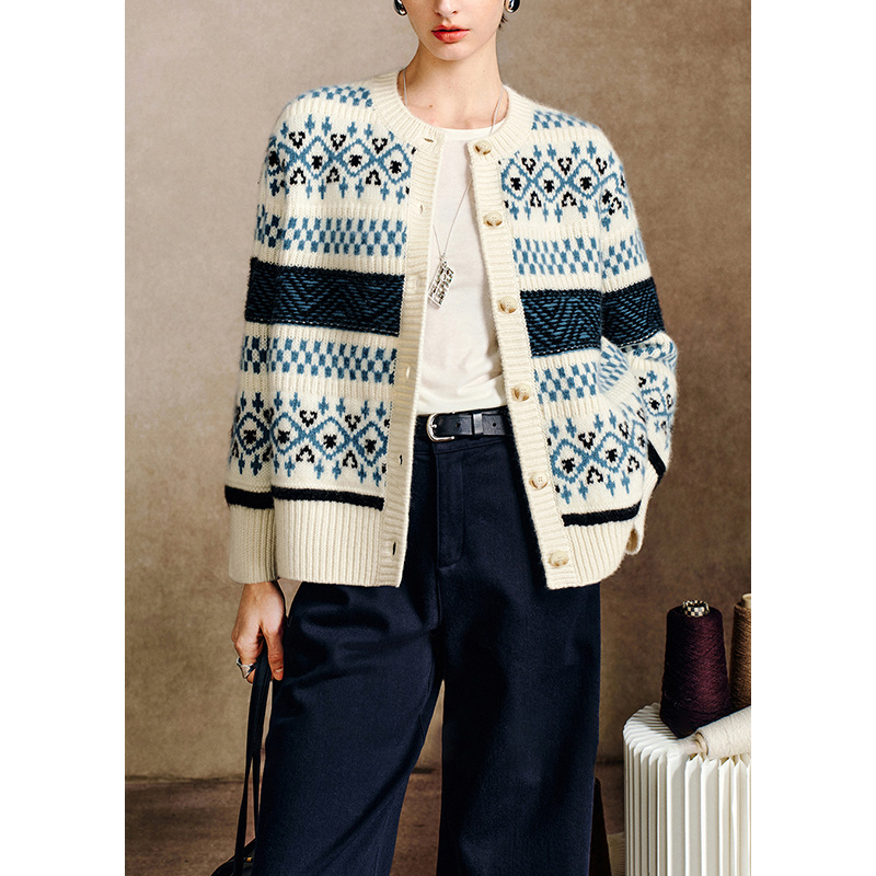 北欧童话费尔岛风落肩山羊绒加厚圆领长袖针织开衫外套女时尚上衣