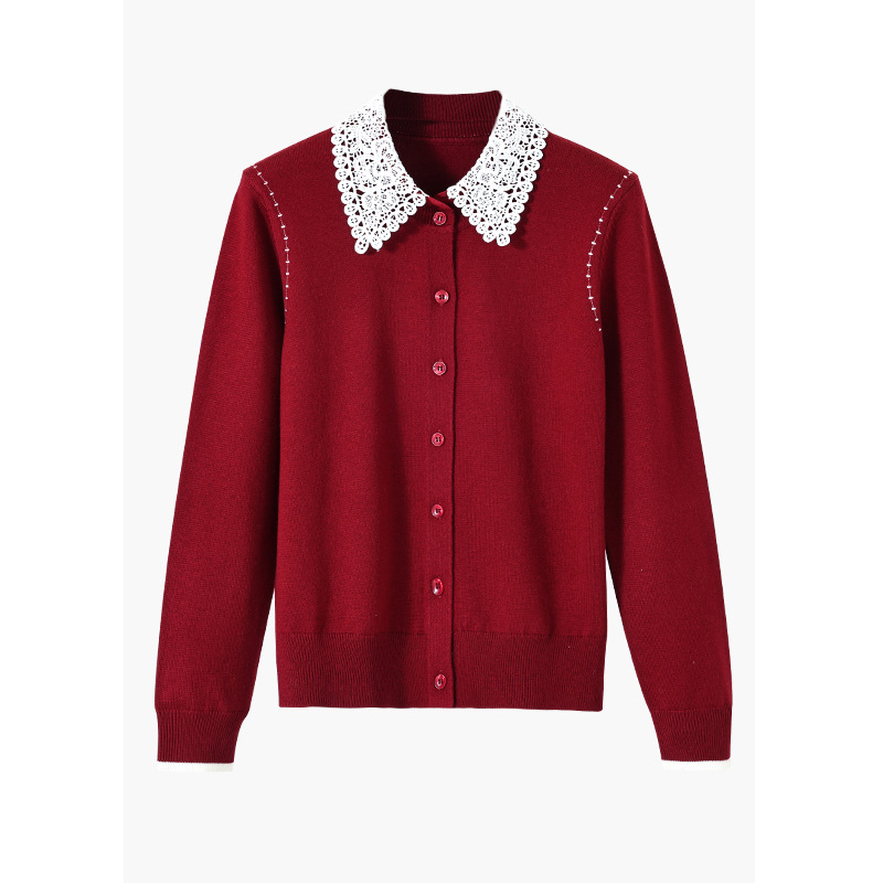 2025秋冬新款新年红色针织开衫女气质通勤镂空翻领长袖羊毛呢上衣