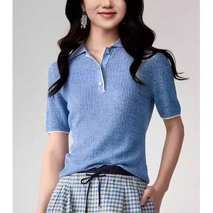 【雅*定单】时尚POLO领短袖针织衫女蓝色百搭气质通勤高级感上衣