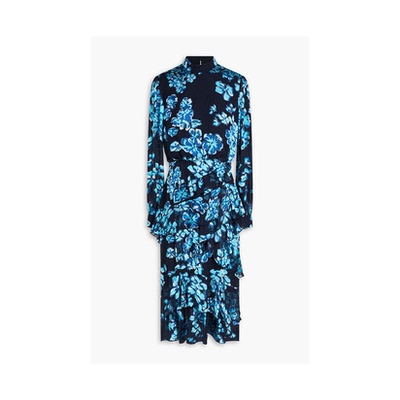 SALONI Isa 荷叶边印花真丝乔其纱中长连衣裙女伴娘裙ins婚礼裙