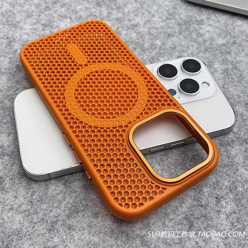 磁吸无线充电散热蜂窝透气适用14小米15pro手机壳15Ultra红米K80橙色K70至尊版镂空防摔金属镜框高级Magsafe