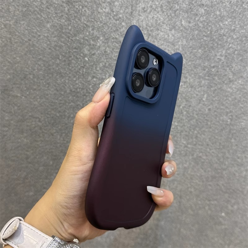 蓝色渐变晕染立体猫耳朵适用iPhone16苹果14promax手机壳15大孔13全包12硅胶11磨砂XS气囊XR防摔8plus男7女硬