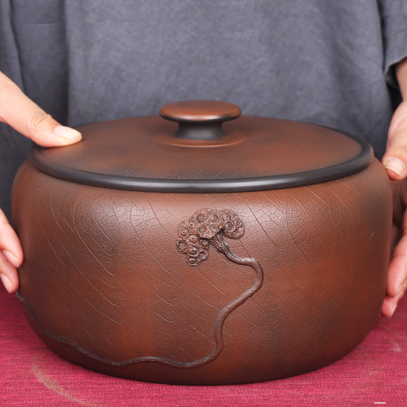 三饼缸建水紫陶茶叶罐茶缸白茶饼黑茶普洱茶菩提纹泥塑莲子纯手工