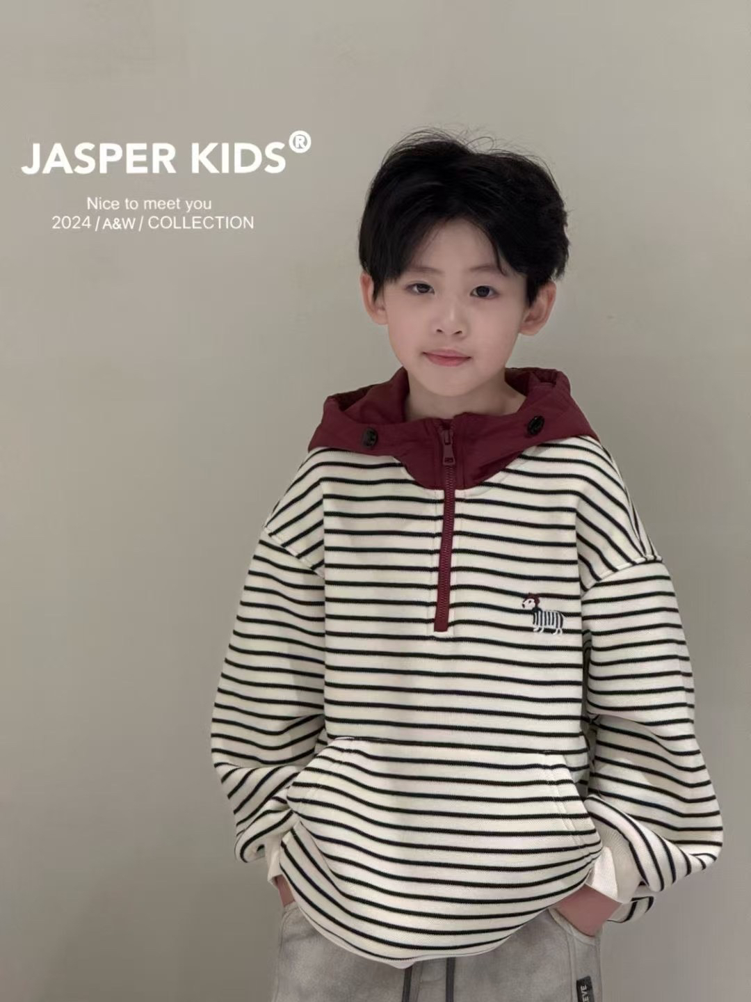 【UMKIDS】特价Jasper kids冬款男女加绒条纹卫衣中大童连帽