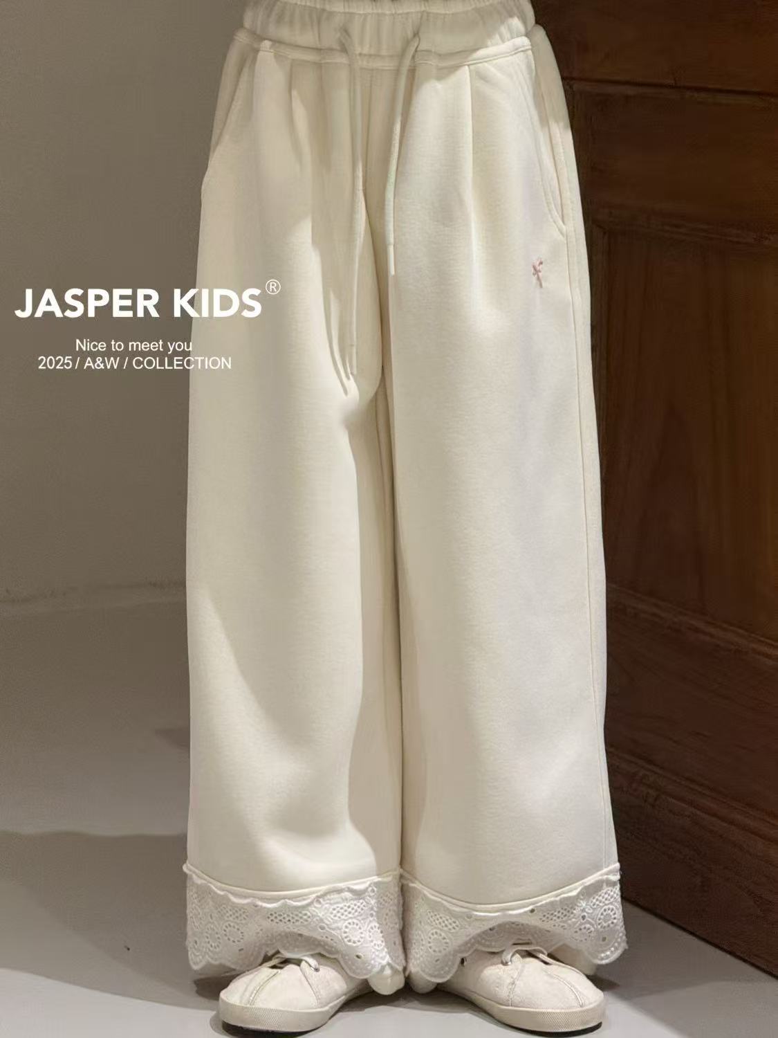 【UMKIDS】Jasper韩国童装女童蕾丝韩版休闲裤2025秋冬儿童针织裤