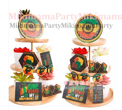 新款六月节主题派对装饰托盘摆件节日气氛布置黑人解放日托盘木牌