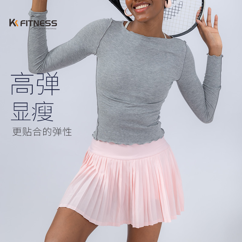 kk fitness圆领弹力瑜伽服女长袖透气速干运动t恤显瘦健身上衣秋