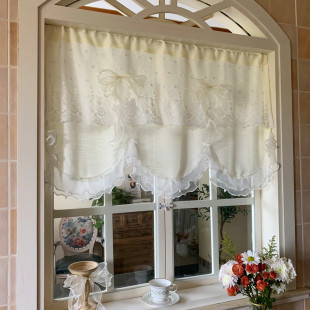 韩式 纱帘窗帘窗幔帘头免打孔自粘贴魔术贴半帘短帘透光不透人 法式