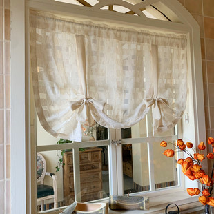 定制奶油风原木风美式格子纱帘提拉帘升降帘窗纱免打孔魔术贴窗幔