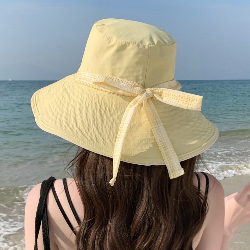 夏季遮阳帽子女韩版新款双面戴大沿渔夫帽格子文艺蝴蝶结渔夫帽