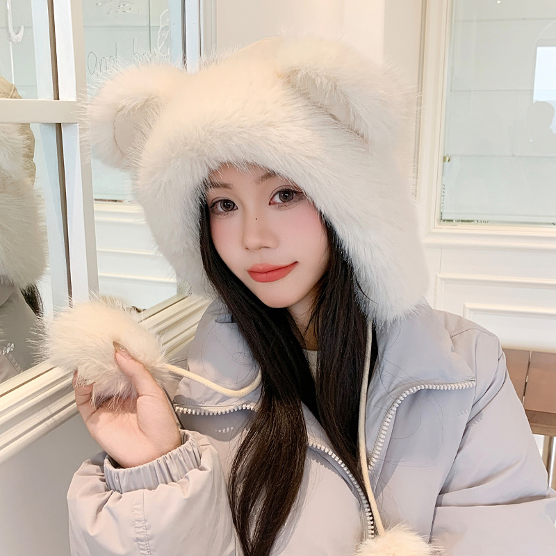 日系秋冬帽子女款甜美可爱熊耳朵套头帽加厚保暖帽防风护耳毛绒帽