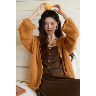 谜秀南瓜色针织开衫女2025秋季新款女装设计宽松慵懒风毛衣外套女