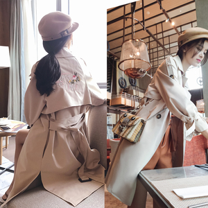 谜秀风衣女中长款2018秋装新款韩版修身chic刺绣大衣外套春秋季潮