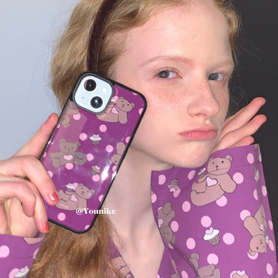 韩系ins复古紫色小熊苹果手机壳