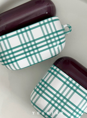 韩国ins简约绿色格纹airpods1/2无线蓝牙保护套airpods pro3壳套