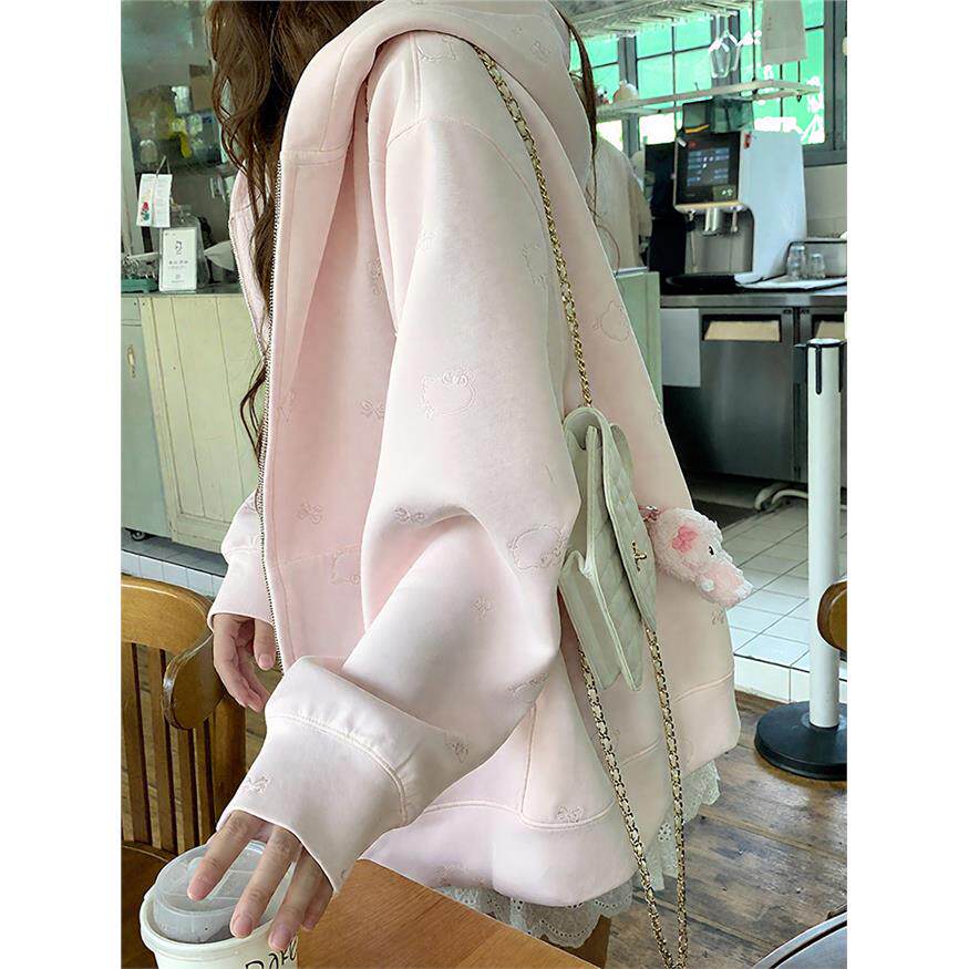 刺绣kitty猫粉色开衫外套女秋季薄款宽松慵懒设计感拉炼连帽卫衣