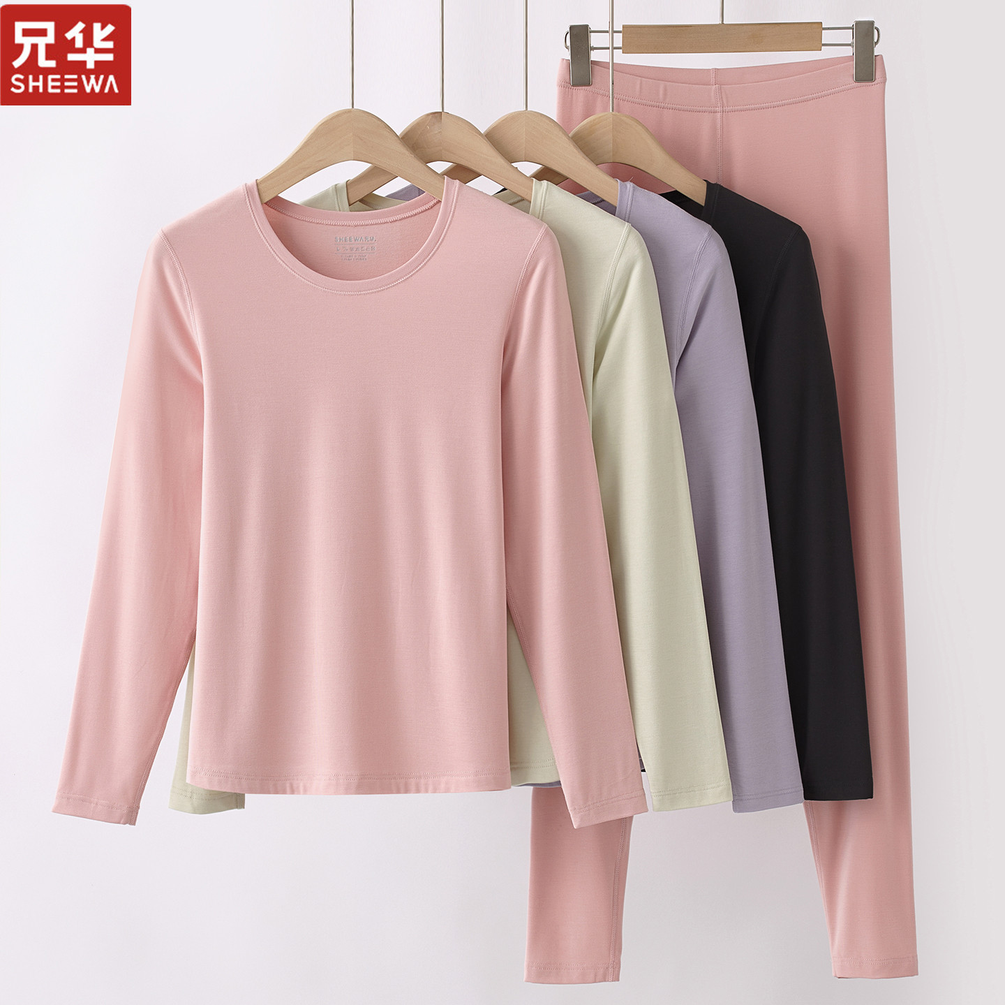 兄华女士薄款蚕丝磨毛秋衣秋裤圆领莫代尔高腰发热保暖内衣套装30