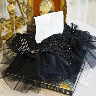 折复古黑色蕾丝钉珠刺绣法式 家居家用车载车用纸巾套纸巾盒 风格