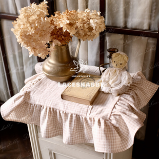 LACESHABBY治愈系家居法式 棕色格子棉麻荷叶边桌布盖巾 复古风格