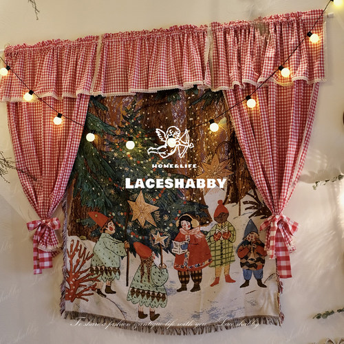 治愈系乡村小屋LACESHABBY法式复古红色格子棉麻蕾丝窗帘门帘