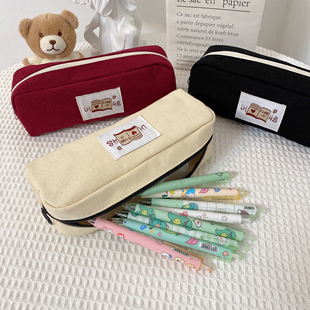 初中学生简约纯色帆布笔袋ins女生韩版可爱大容量文具盒收纳包袋