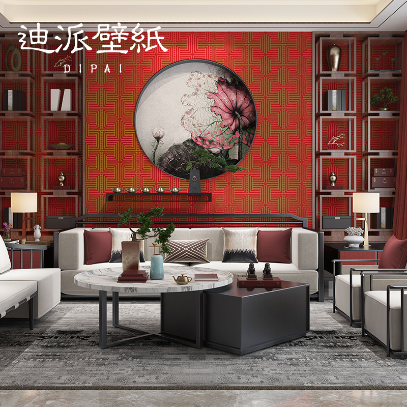 中式古典红色格子壁纸无纺布中国红卧室客厅电视背景墙墙纸高级感