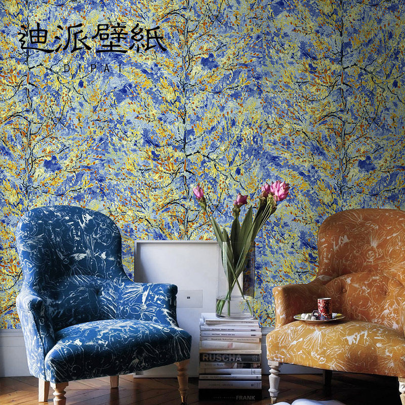 北欧蓝色抽象艺术油画墙纸梵高桃花卧室客厅电视背景墙壁纸高级感