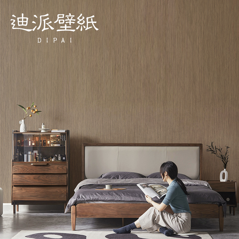 亚麻墙纸无纺布卧室奶咖色北欧