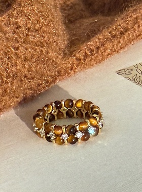 复古天然虎眼石锆石隔片戒指