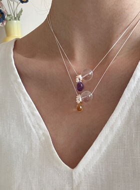 韩系天然白水晶黄紫淡水珍珠项链