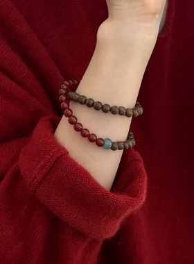 新中式天然红玛瑙檀木双层手链