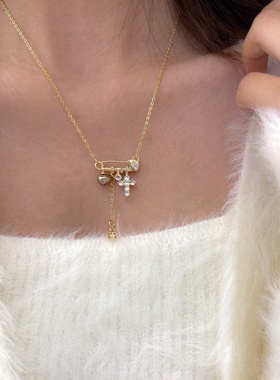 复古甜美星芒十字架流苏锁骨链