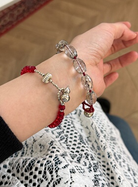 新中式深红色多切面串珠银葫芦手串小众精致叠戴百搭国风复古手饰