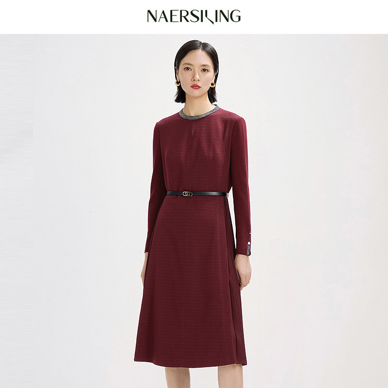 NAERSI娜尔思连衣裙毛织袖鎏光褶裥香颂2026春季新款（配腰带）,女装/女士精品,连衣裙,淘宝优惠券,粉丝福利购,淘宝优惠卷