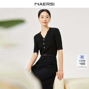 新款 NAERSI 女2025夏季 针织衫 通勤上衣 娜尔思气质V领黑色五分袖