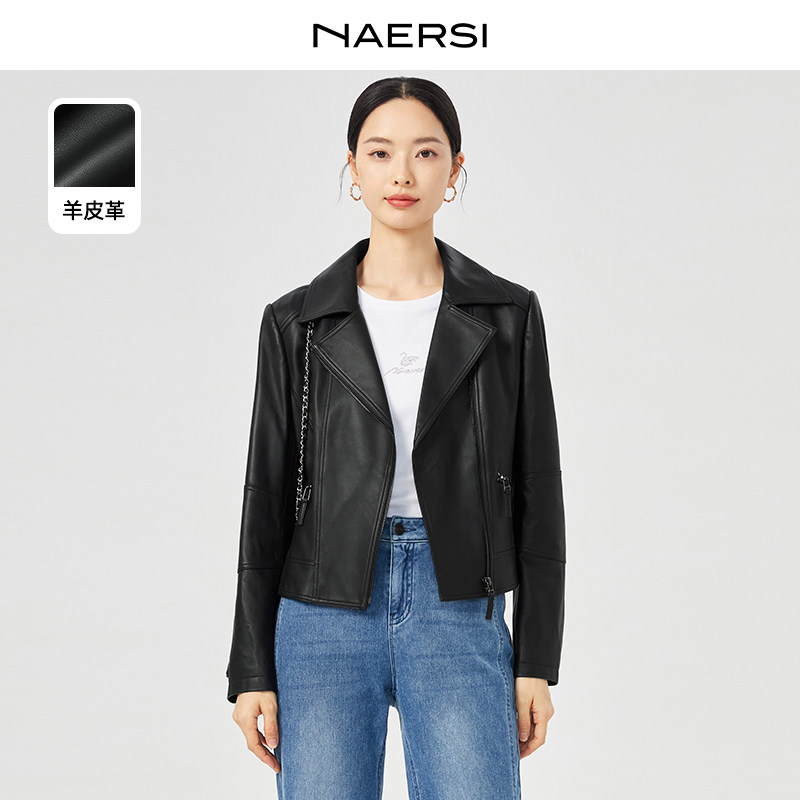 NAERSI娜尔思羊皮时尚气质黑色短款真皮衣女秋新外套春秋季上衣