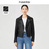 上衣 真皮衣女秋新外套春秋季 NAERSI娜尔思羊皮时尚 气质黑色短款