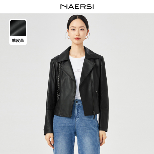 上衣 真皮衣女秋新外套春秋季 NAERSI娜尔思羊皮时尚 气质黑色短款