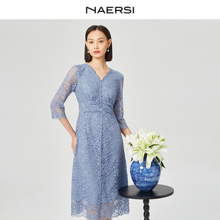 修身 NAERSI 新款 气质V领蕾丝连衣裙2025年秋季 中长裙女 娜尔思时尚