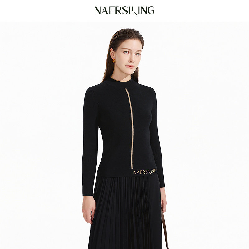 【绵羊毛】NAERSI娜尔思撞色LOGO假两件高领羊毛衫26春季新款上衣