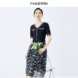 NAERSI 碎花裙女 娜尔思假两件拼接层次感气质优雅通勤连衣裙夏季
